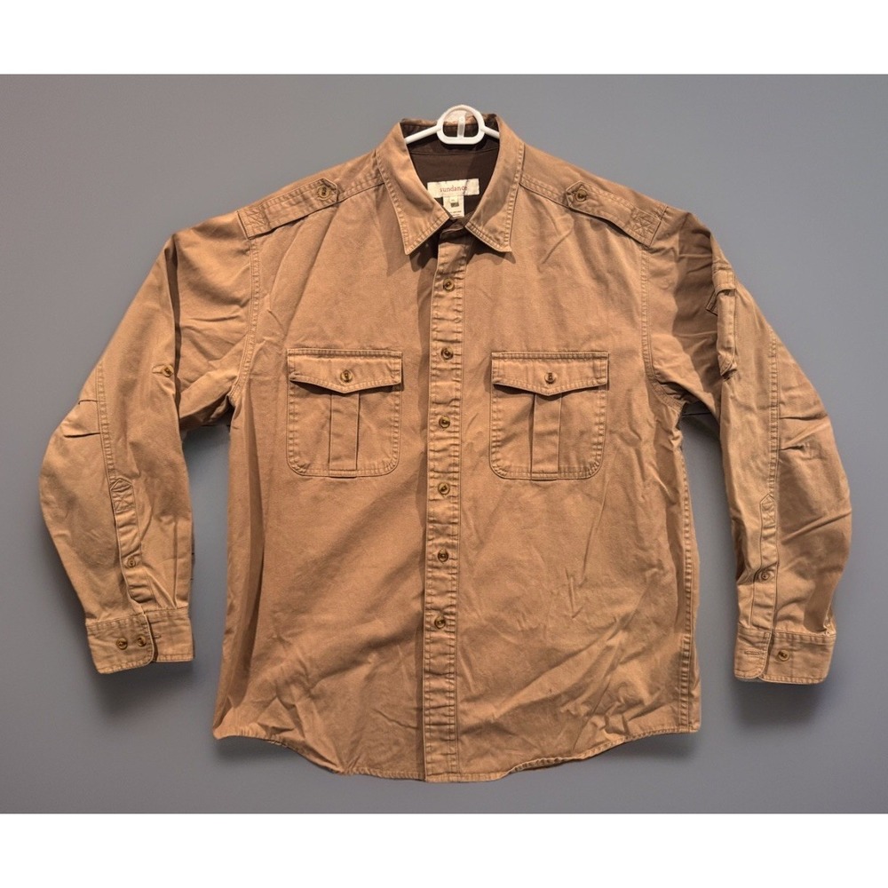 Sundance Mens Utility Safari Shirt Sz XL Khaki Brown Cotton Field Top Workwear